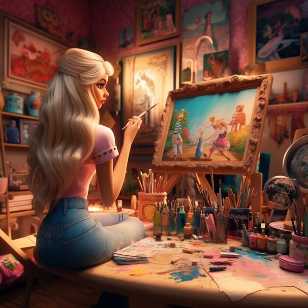 Barbie brengt creativiteit tot leven in een levendige illustratie.