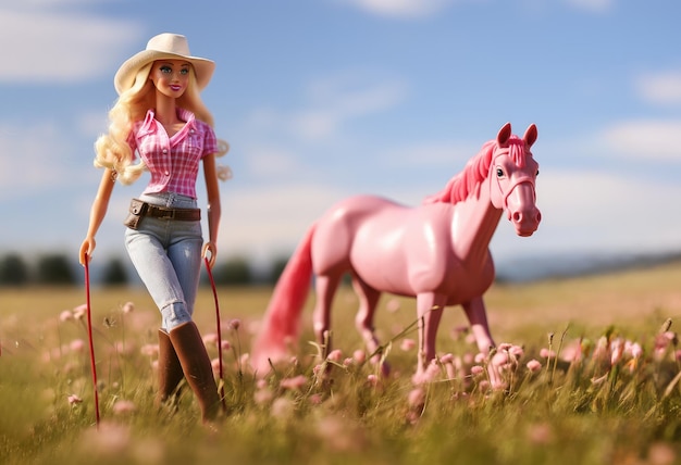 Barbie cowgirl with her pink horse in the field