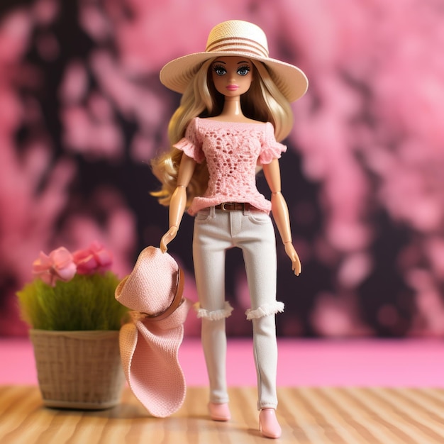 Barbie in Crochet trim tshirt with a widebrimmed hat and ankle boots Generative AI