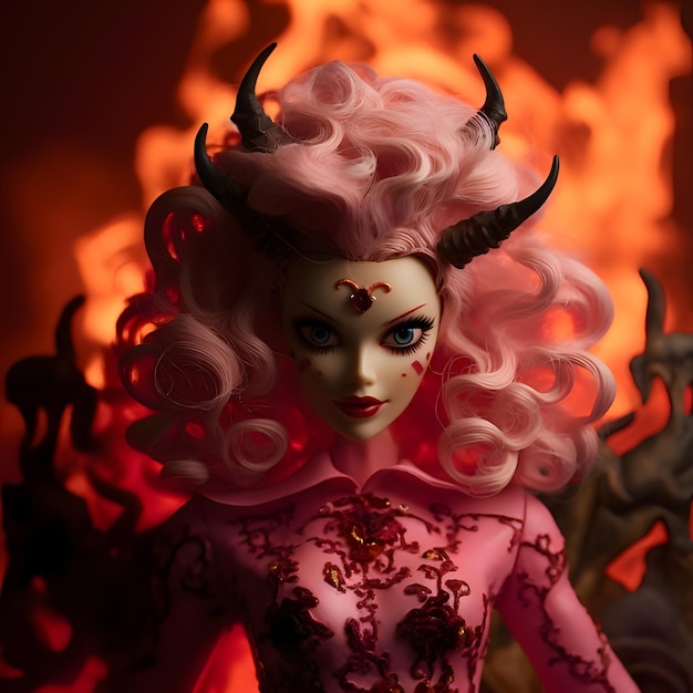 Foto barbie in stile scuro con le corna sullo sfondo di un fuoco ardente