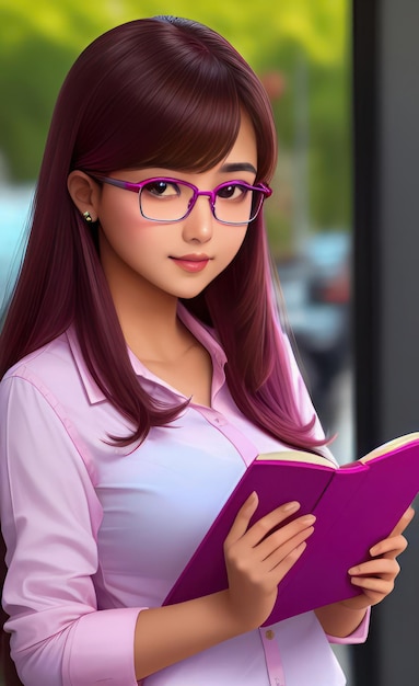 Anime Kawaii Woman With Glasses Reading Book Background, Kawaii