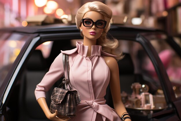 a barbie doll in black friday holding sun glasses and shopping bags