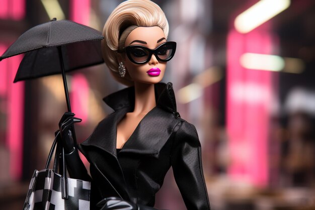 a barbie doll in black friday holding sun glasses and shopping bags