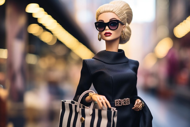 a barbie doll in black friday holding sun glasses and shopping bags