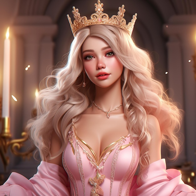 Premium AI Image  A Barbie Girl in a magnificent pink and golden dress  crowned with a glorious queen's crown