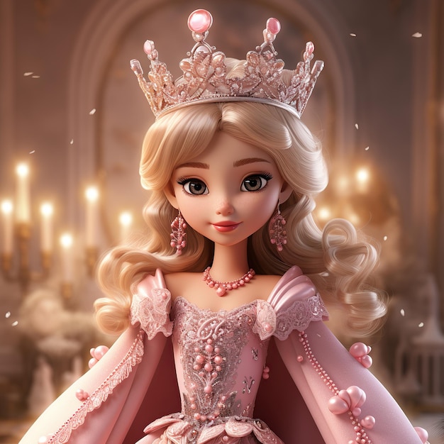 Premium AI Image  A Barbie Girl in a magnificent pink and golden dress  crowned with a glorious queen's crown