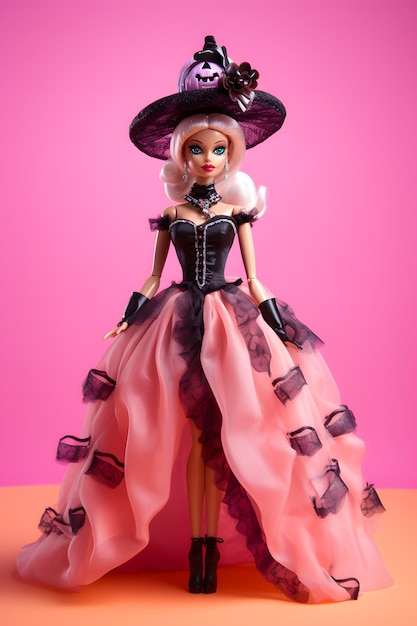 Foto barbie festeggia halloween indossando un costume rosa e nero e un cappello da strega