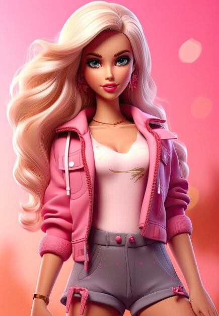 Barbie doll cute blond girl outfit pink background