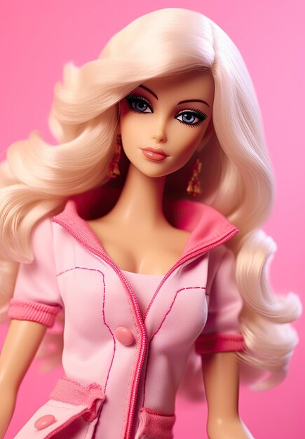 Barbie doll cute blond girl outfit pink background