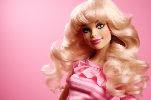 바비 인형 귀여운 금발 소녀 복장 핑크 벽지 배경 디자인