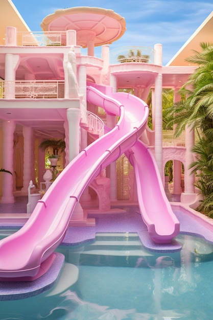 A Barbie doll dreamhouse with a pool hot tub and slide