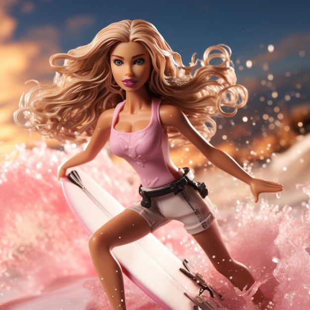 Barbie doll enjoying summer surfing at the beach