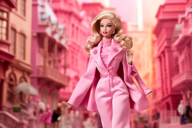 Barbie Doll in fur coat and shoes on pink background Minimalism fashion layout Top view Flat lay