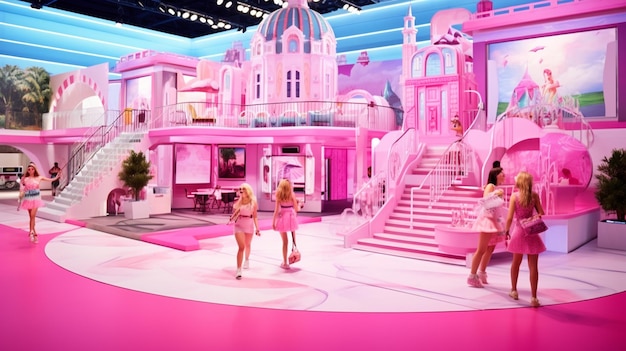 Casa delle bambole barbie con scale e scale che conducono ad una camera da letto rosa ai generativa