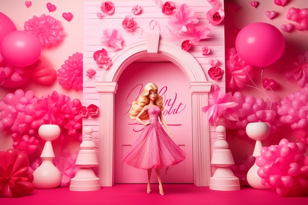 Фото Кукла барби в розовом платье стоит перед розовой стеной с воздушными шарами генеративный ai
