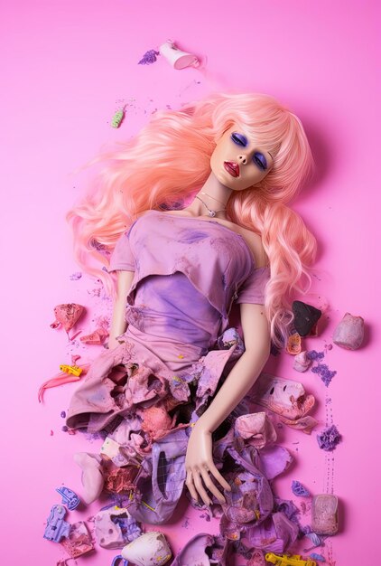 Foto bambola barbie sdraiata a testa in giù su uno sfondo rosa