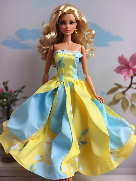 Кукла Барби в новом летнем платье лимонно-желтого и небесно-голубого цвета