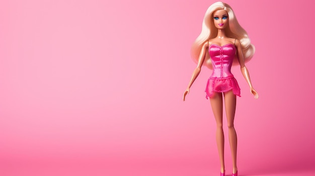 Barbie doll on a pink background copy space