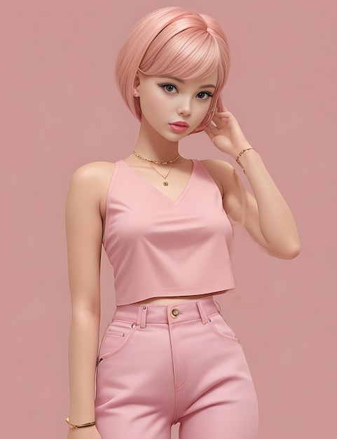 A Barbie doll in a pink dress