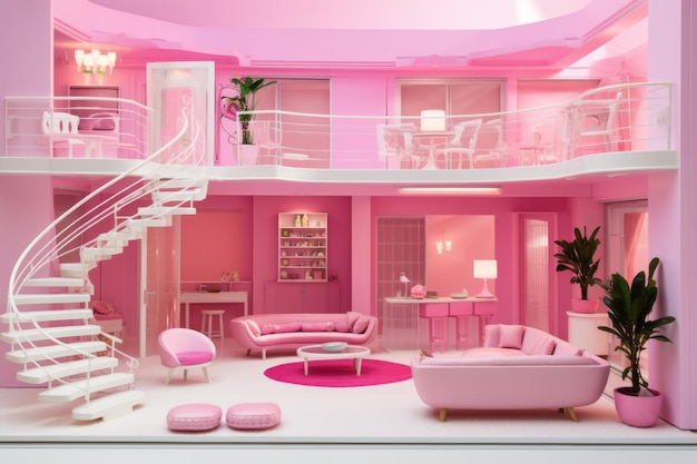 Barbie doll pink interiour modern house every furniture is pink Generative Ai