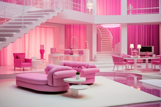 Barbie doll pink interiour modern house every furniture is pink Generative Ai