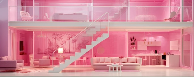 Barbie doll pink interiour modern house every furniture is pink panorama Generative Ai