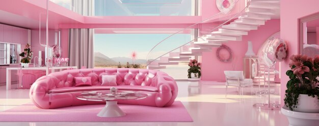 Barbie doll pink interiour modern house every furniture is pink panorama Generative Ai