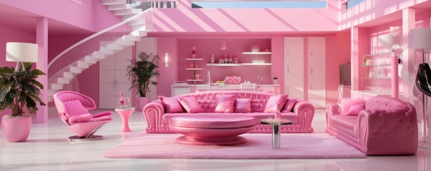 Barbie doll pink interiour modern house every furniture is pink panorama Generative Ai