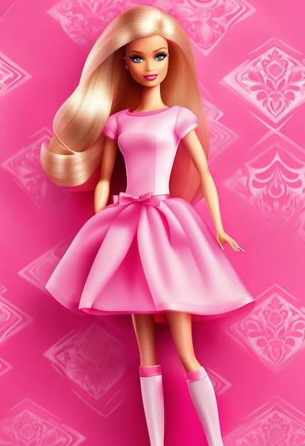 Foto bambola barbie in stile rosa sullo sfondo