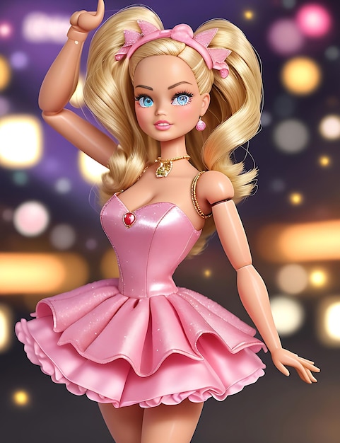 Photo barbie doll on pink trendy party outfit generative ai