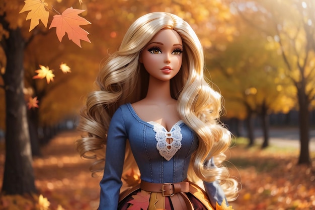 Barbie doll portrait blonde hair fashion blue dress autumn season