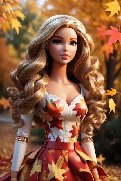 バービー人形のポートレート、ブロンドの髪、ファッション、花柄のドレス、秋のシーズン