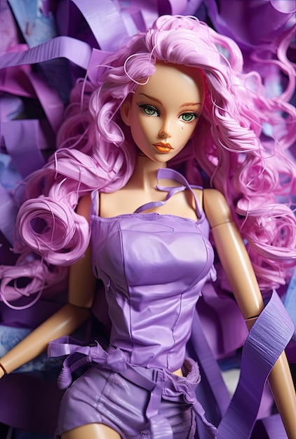 A barbie doll in purple sprayed with duct tape in the style of energetic movement