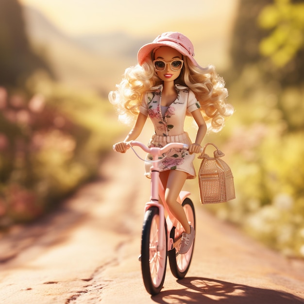 Barbie doll ride a bicycle on a country road sunny day