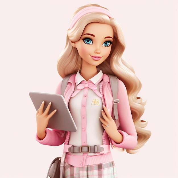 Barbie doll student with tablet pastel colors isolated