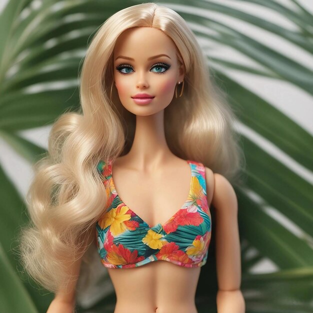 Photo barbie doll in swimwear tropical beach