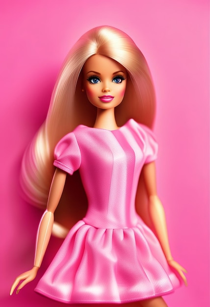 Foto bambola barbie in abito alla moda sfondo rosa illustrazione