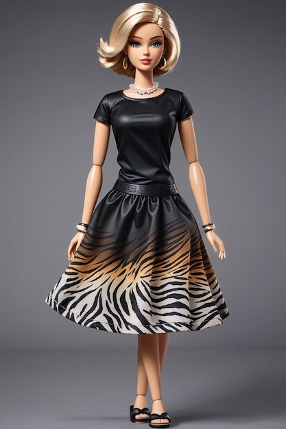 Barbie Doll Wearing Black Plain Slim Fit With Animal Print Skirt