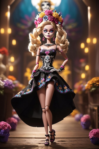 Кукла Барби в платье с вышивкой и краской для лица Calavera