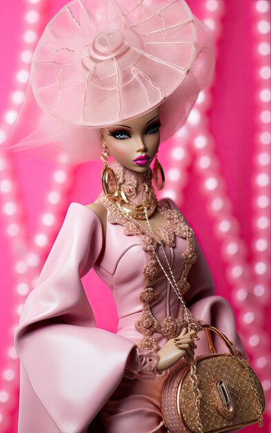 a barbie doll wearing a pink dress and hat with a handbag on her shoulder sitting in front of a pink background