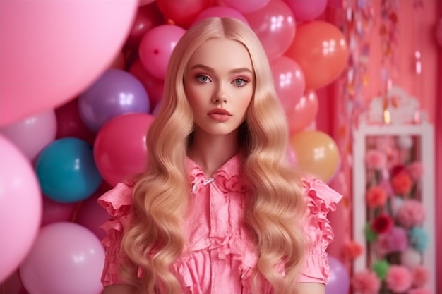 A barbie doll with blonde hair stands in front of balloons.