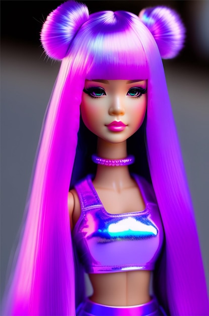 A barbie doll with bright purple hair and a purple necklace kawaii holographic barbie doll