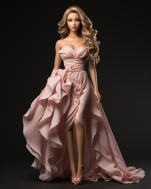 Barbie doll with curvy hair on black background
