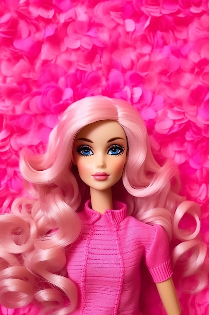 金色の髪を持つバービー人形が再びピンクの背景に