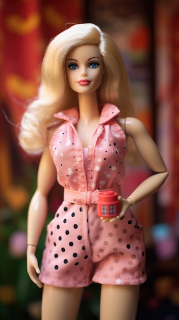 A barbie doll with a jar of a red jam.