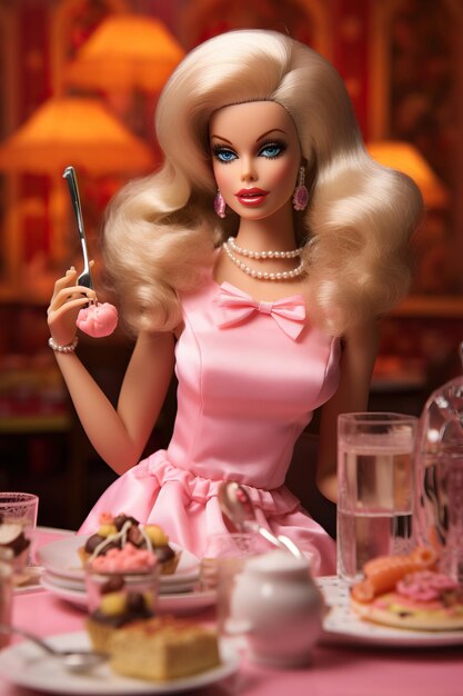 a barbie doll with a knife in her hand and a plate of desserts on the table.