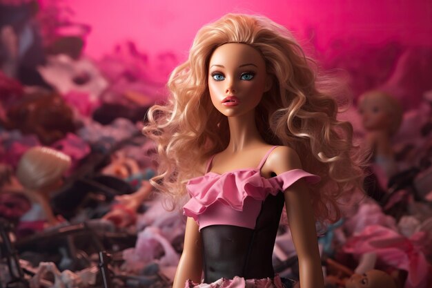 Photo a barbie doll with pink and black hair and a pink dress