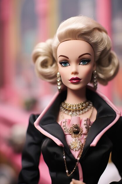 a barbie doll with a pink dress and a black jacket.
