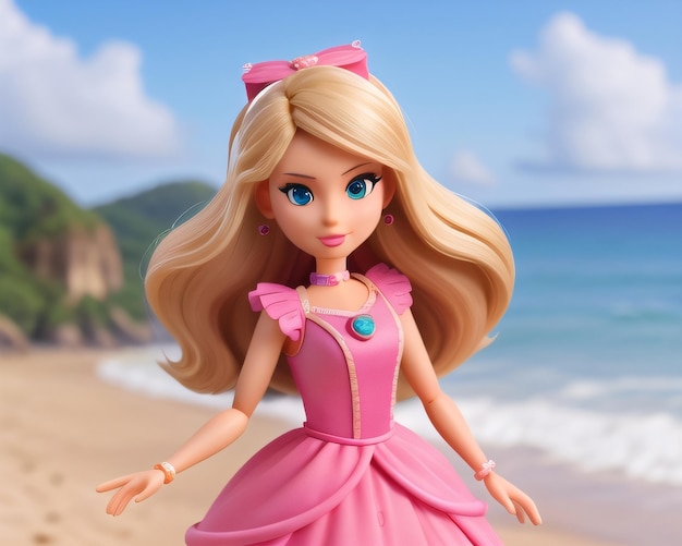 A barbie doll with a pink dress and a blue beaded necklace.