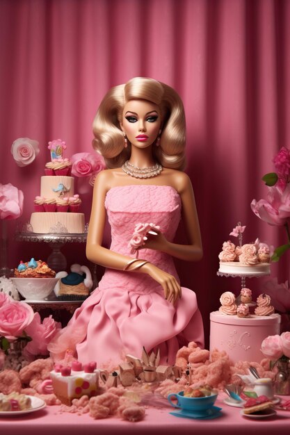 a barbie doll with a pink dress and a cake